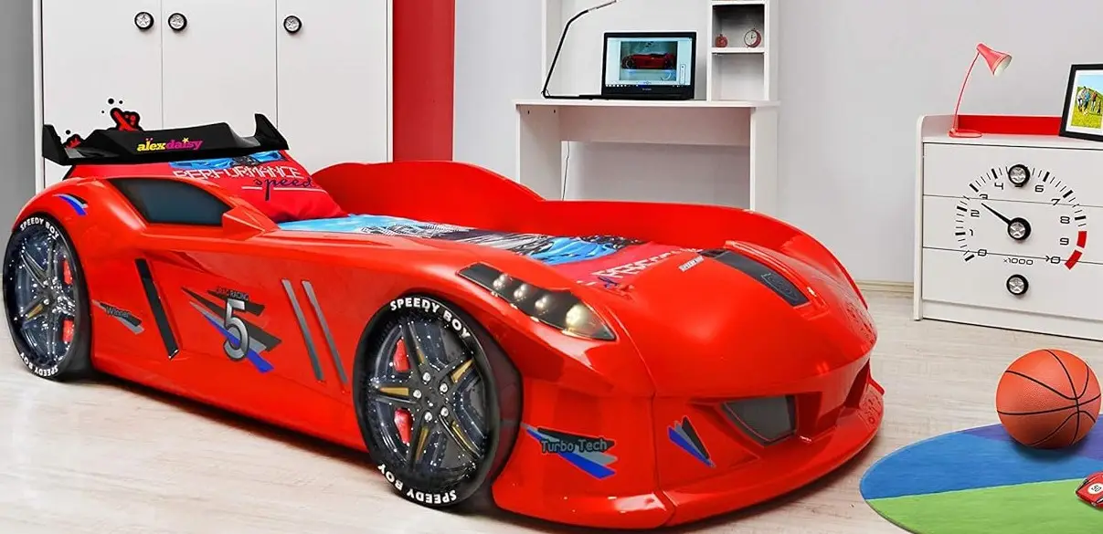 Ліжко машина MUSVENUS Jaguar Speedy boy Red MAXI - підсвічування фар, коліс, дна, звук, пульт